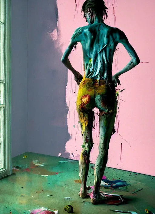 Image similar to an insane, skinny, artist wearing dirty, torn overalls, expressive painting the walls inside a grand messy studio, depth of field, hauntingly surreal, highly detailed painting by francis bacon, edward hopper, adrian ghenie, glenn brown, soft light 4 k in pink, green and blue colour palette, cinematic composition, octane render,