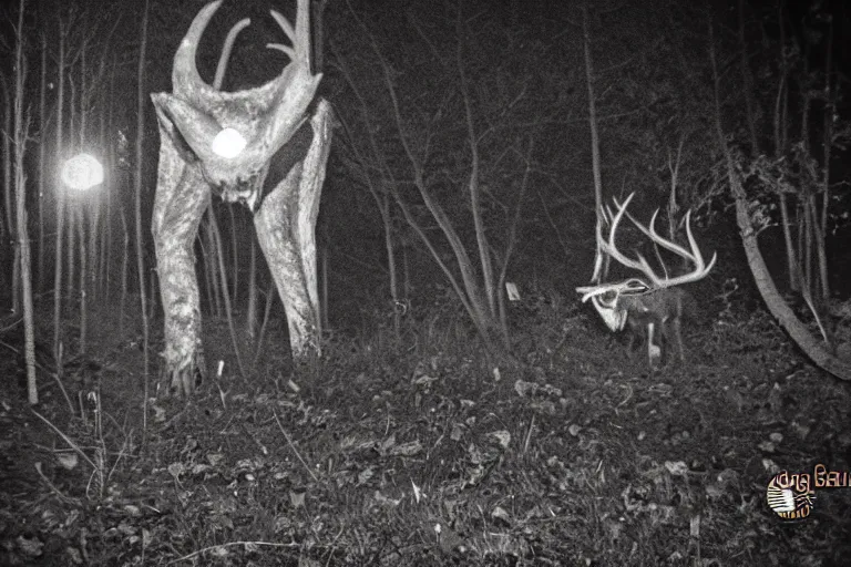 Image similar to low quality trailcam footage of a wendigo in a backyard, at night