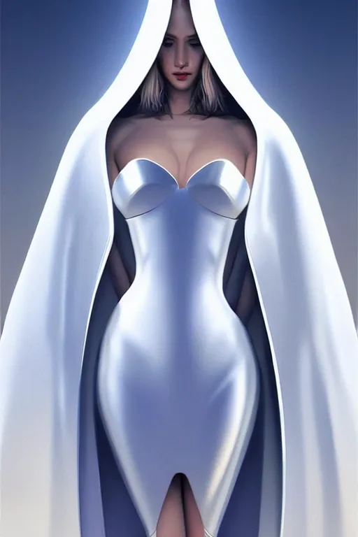 Image similar to detailed beautiful noun in opened white gold blue coat, seductive confident pose, attractive feminine curves, intricate details, futuristic, alien, elegant cape, elegant, photorealism, trending on artstation, holy halo, advanced technology, art by moebius and vitaly bulgarov and chanthara