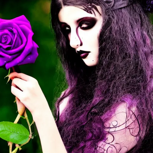 Prompt: a gothic girl holding a purple rose and looking at it, artistic,