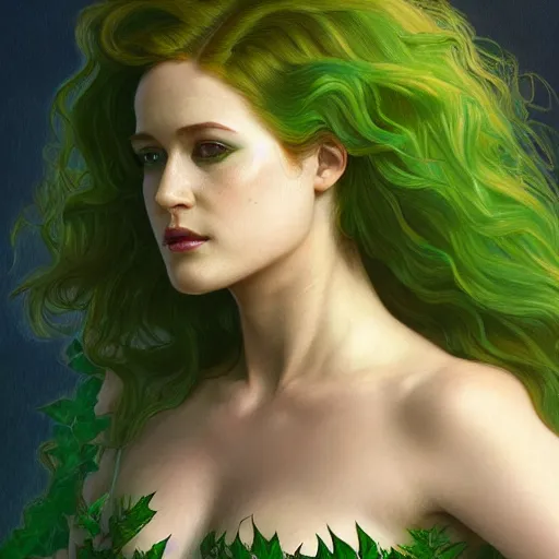 Image similar to full figure ultra realistic illustration, evan rachel wood as poison ivy with curly hair and green skin, intricate, elegant, highly detailed, digital painting, artstation, concept art, smooth, sharp focus, illustration, art by artgerm and greg rutkowski and alphonse mucha