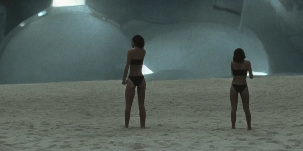 Image similar to color film still, view from behind, a woman in black bikini standing in front of a large wall depicting the beach inside a spaceship ; alien 2 ( 1 9 8 6 )