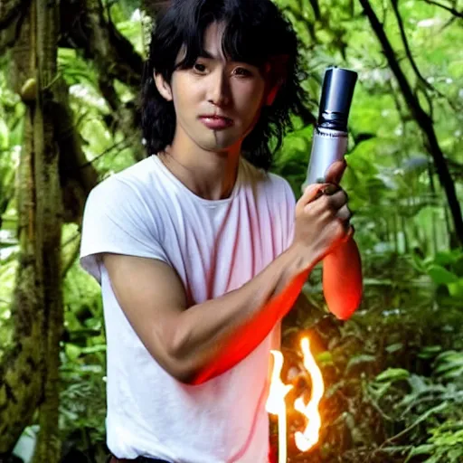 Prompt: korean mowgli, 2 0 years old, with long unkempt and slightly curly hair, holding a torch in one hand and an iphone in the other hand, standing in the jungles of jeju island