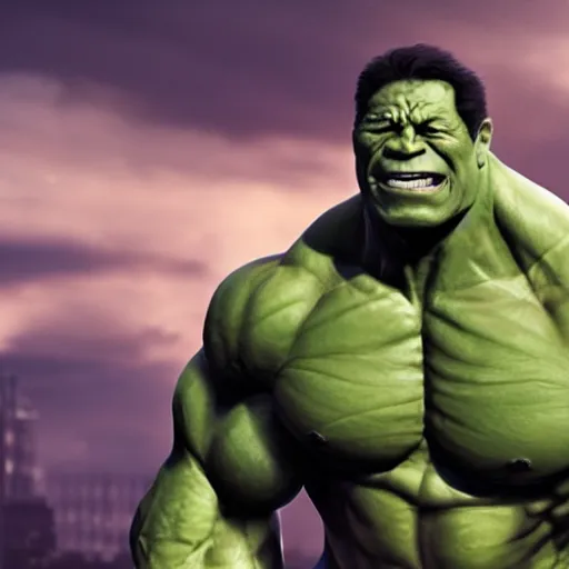 Prompt: joe biden as the hulk, realistic artstyle, wide shot, dramatic lighting, octane render, hyperrealistic, high quality, highly detailed, HD, beautiful, cinematic, 8k, unreal engine, facial accuracy, symmetrical