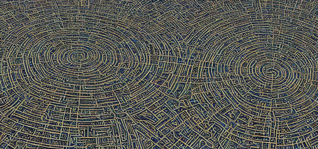 Image similar to small ancient city whose layout is evocative of a resonance interference pattern. 4K. Many intrincate details. Markets and bustling streets.