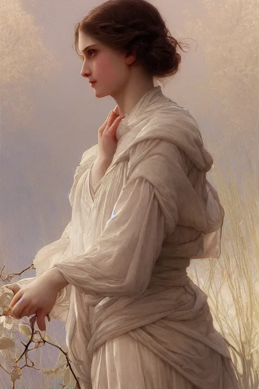 Image similar to Portrait of beautiful pale peasant girl, cinematic lighting, intricate, elegant, highly detailed, digital painting, artstation, smooth, sharp focus, illustration, art by artgerm and greg rutkowski and alphonse mucha and Wayne Barlowe and william-adolphe bouguereau