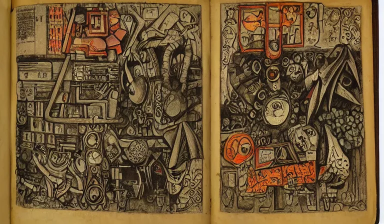 Image similar to Ancient codex featuring the writings and illustrations of a Filipino death cult, System Shock 2, Deus Ex, by Nam June Paik, Maya Deren, Pieter Bruegel the Elder, Shiro Takatani