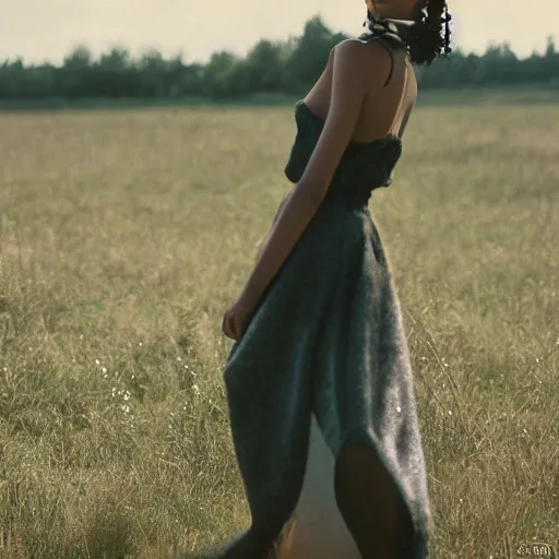 Image similar to realistic!!! photoshoot for a new dior lookbook, color film photography, portrait of a beautiful woman, location on a open field, in style of tyler mitchell, 35mm