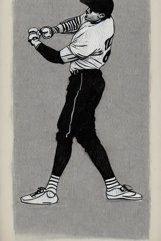 Prompt: full body drawing of a white baseball player with a black baseball cap and a black bat and a striped jersey, white background, black and white, 2D drawing