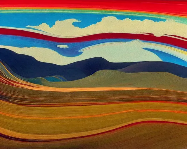 Image similar to A wild, insane, modernist landscape painting. Wild energy patterns rippling in all directions. Curves, organic. Saturated color. Mountains. Clouds. Rushing water. Wayne Thiebaud.