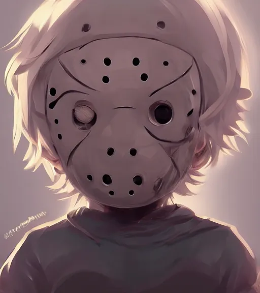 Prompt: beautiful little boy anime character inspired by jason voorhees, art by rossdraws, wlop, ilya kuvshinov, artgem lau, sakimichan and makoto shinkai, concept art, anatomically correct, extremely coherent, realistic, mask, smooth, hd, 8 0 s haircut