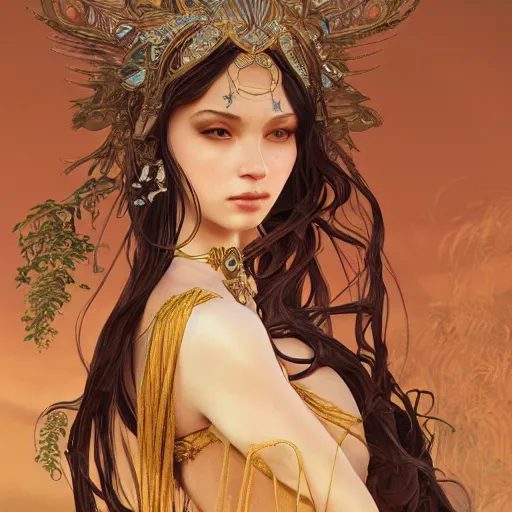 Image similar to a goddess in the desert, fantasy, intricate and very beautiful and elegant, highly detailed, digital painting, artstation, concept art, smooth and sharp focus, illustration, art by tan zi and ayanamikodon and alphonse mucha and wlop