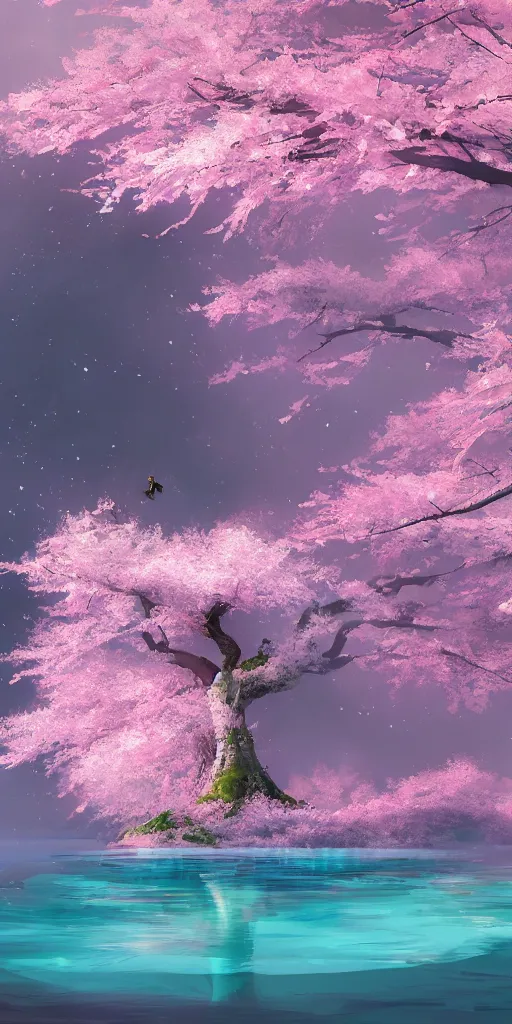 Image similar to a single sakura tree growing upon an island in a lake, cherry blossoms, illustration, light beams, digital art, oil painting, fantasy, 8 k, trending on artstation, detailed