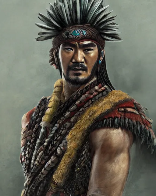 Prompt: half - body portrait, tribal headwear, muscled man, takeshi kaneshiro as a brave tribal warrior, detailed, concept art by artem priakhin
