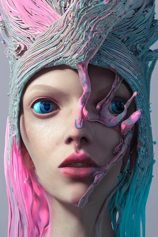 Prompt: epic 3 d abstract model, liquid headdress, 2 0 mm, with pastel pink and cerulean peanut butter, melting smoothly into other faces, liquid, delicate, beautiful, intricate, houdini sidefx, trending on artstation, by jeremy mann and ilya kuvshinov, jamie hewlett and ayami kojima