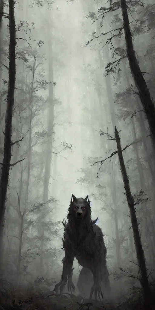 Image similar to a painting of a big werewolf in a foggy dense forest by greg rutkowski, dark fantasy art, high detail, trending on artstation