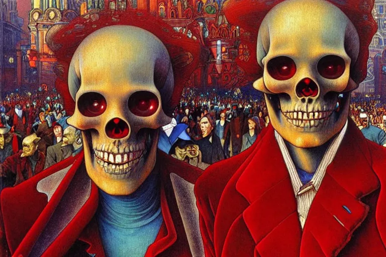 Image similar to realistic detailed closeup portrait painting of a single skeleton wearing red velvet blazer in a crowded futuristic moscow street by Jean Delville, Amano, Yves Tanguy, Alphonse Mucha, Ernst Haeckel, Edward Robert Hughes, Roger Dean, rich moody colours, blue eyes