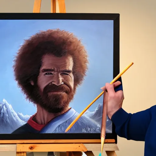 Image similar to a closeup photorealistic photograph of bob ross working on a canvas painting of spiderman. film still. brightly lit scene. mountains and trees. this 4 k hd image is trending on artstation, featured on behance, well - rendered, extra crisp, features intricate detail, epic composition and the style of unreal engine.