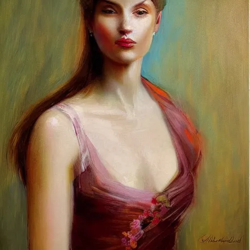Prompt: portrait of a beautiful 🌺 young woman by cheval michael