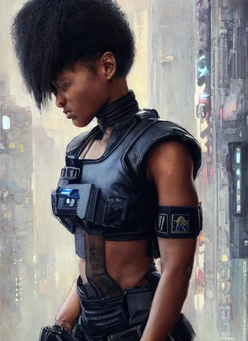 Image similar to black chun li. cyberpunk police trooper in a military vest ( blade runner 2 0 4 9, cyberpunk 2 0 7 7 ). orientalist portrait by john william waterhouse and james gurney and theodore ralli and nasreddine dinet, oil on canvas. cinematic, hyper realism, realistic proportions, dramatic lighting, high detail 4 k