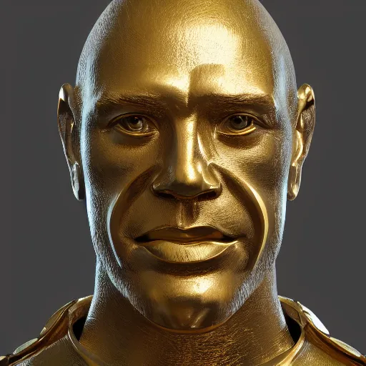 Image similar to portrait of homo sapiens gold statue reflect chrome, 8 k uhd, unreal engine, octane render in the artstyle of finnian macmanus, john park and greg rutkowski