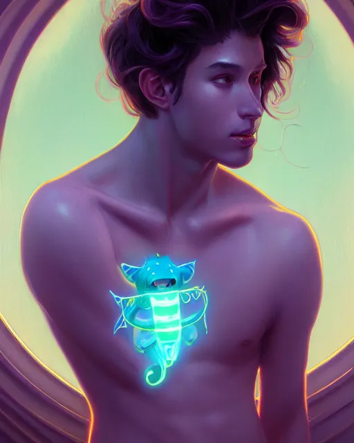 Image similar to one singular portrait of a cute bioluminescent monster boy, mischievous, highly detailed, digital painting, cinematic, hyper realism, dark retrowave, art by stanley lau and artgerm and magali villeneuve and alphonse mucha, artstation, octane render, cgsociety