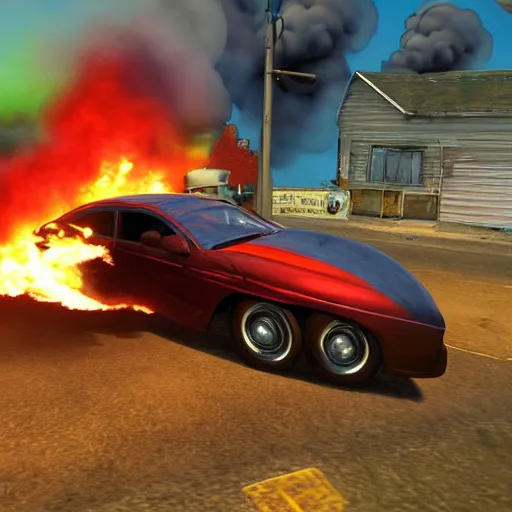 Image similar to an old car jumping over a fire, in game screenshot from driv 3 r ( 2 0 0 4 )