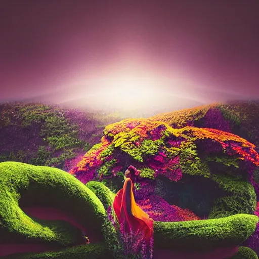 Image similar to A picture of a planet of various colors and plants, in which the human figure is dressed in something magical and impressive, inside the picture is infinity, sunset light, Atmospheric phenomenon, artistic photography, muted colors, conceptual