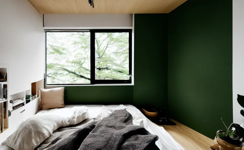 Prompt: interior of a small and compact minimalist bedroom in an apartment building, bed, green wall, cupboards, japanese design, swedish design, natural materials, pine wood, white, beige, bright, windows with a view of a green park, modernist, 8 k