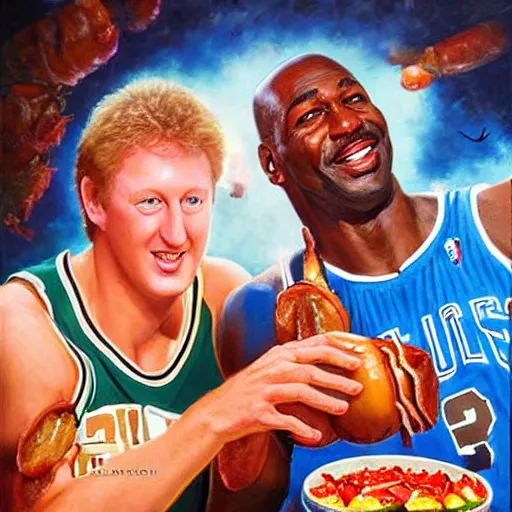 Image similar to portrait of larry bird and michael jordan sharing hotdogs, an oil painting by ross tran and thomas kincade w 7 6 8