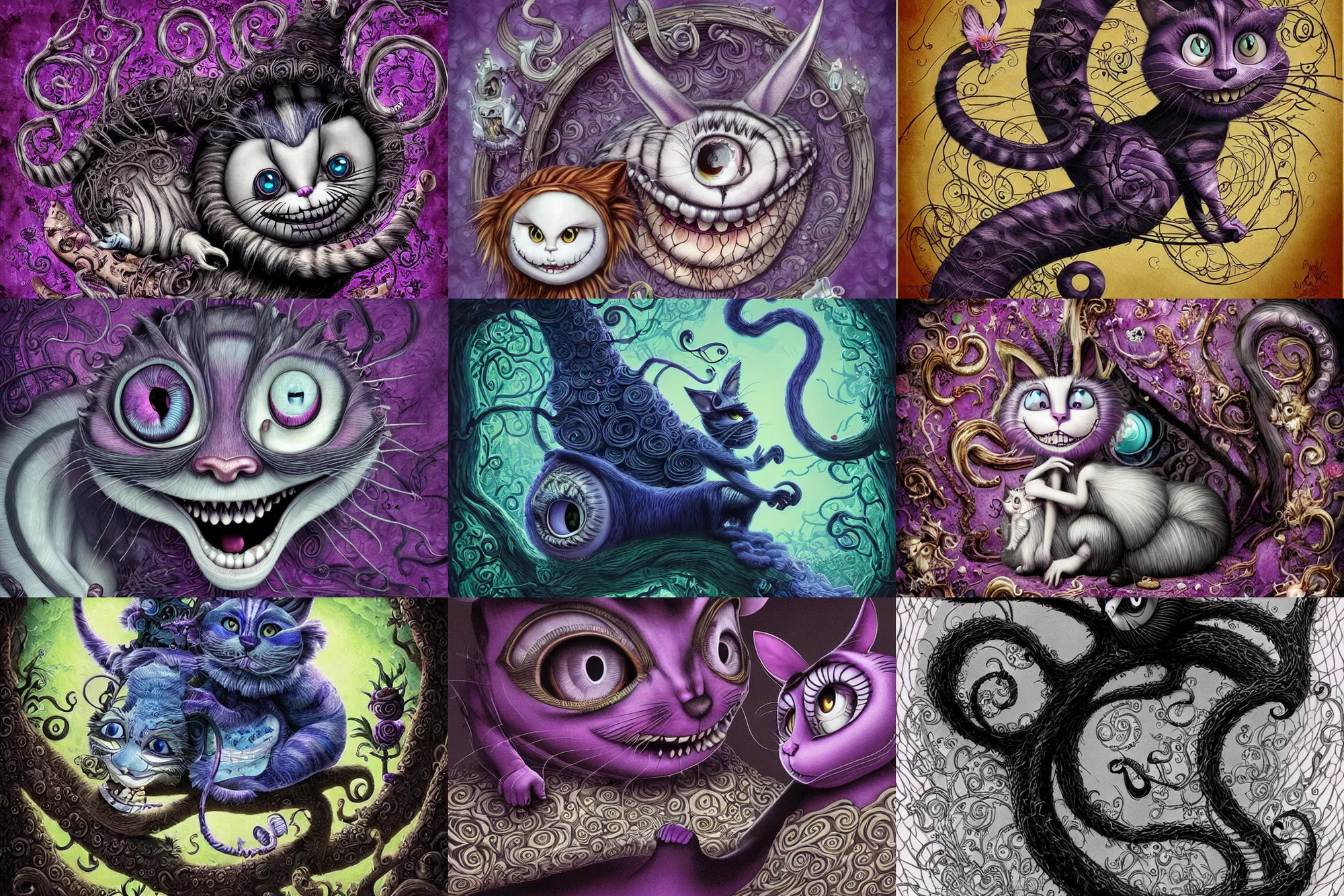 Prompt: The Cheshire Cat talking to Alice in Wonderland, dramatic, art style Naoto Hattori and Tim Burton, super details, dark dull colors, ornate background, mysterious, eerie, sinister