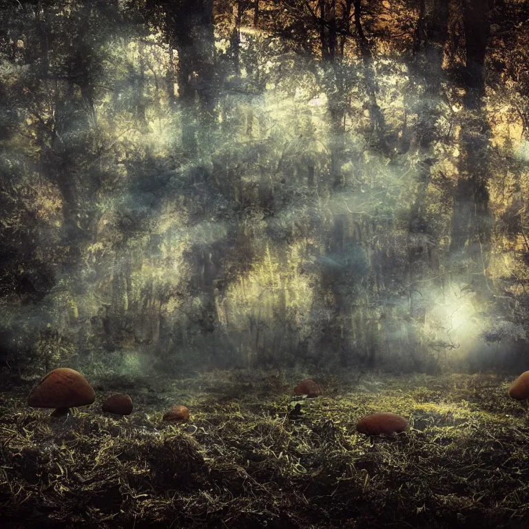 Image similar to a planet of various fungus like trees, mushrooms, flowers and plants, artistic photography, conceptual, long exposure outside the city, volumetric light