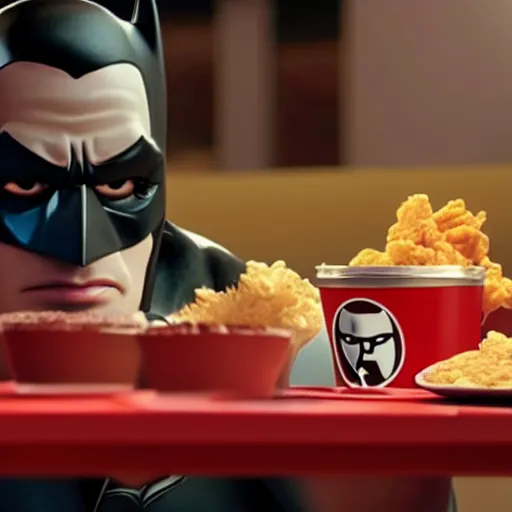 Image similar to A still of Batman eating at KFC, 4k, photograph, ultra realistic, highly detailed, studio lighting