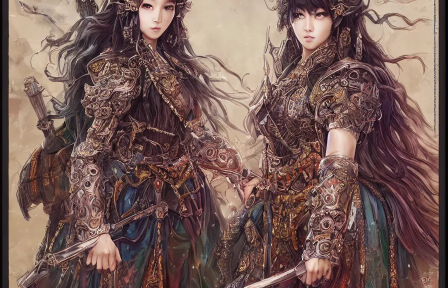 Image similar to an concept art of the korean queen surrounded by magic guards, long hair, makeup, intricate details, detailed face, detailed dress, one face, artstation, epic pose, colourful light, by kentaro miura and masanori warugai