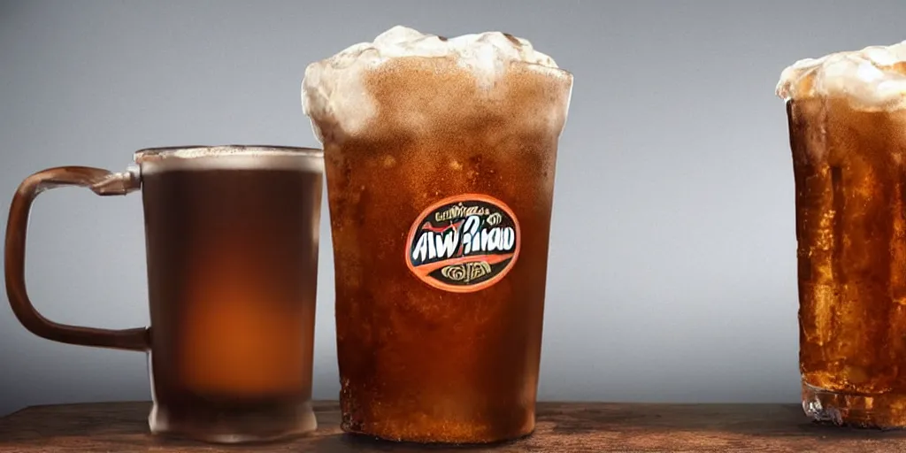 Prompt: a 3 d rendered movie still product shot an old - fashioned a & w root beer in a frosty mug. the mug sits on a wooden bar at a diner. imax, 7 0 mm dramatic lighting blade runner