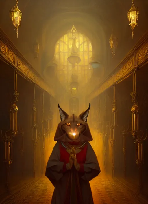 Image similar to surrealistic portrait of anthropomorphic caracal in golden priest clothes wearing vr in orthodox church, bokeh, foggy, dynamic lighting, darkness, ambients, dramatic, foggy, heavy bokeh and blur, cinematic, depth of field, art by bussiere rutkowski andreas rocha