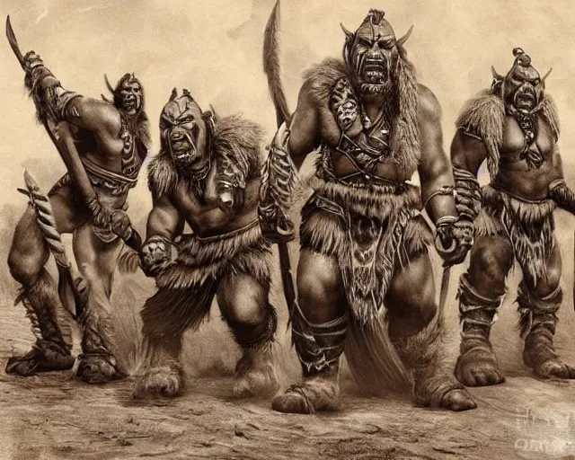 Prompt: group vintage photograph of a warrior orc tribe, highly detailed, warhammer, warcraft