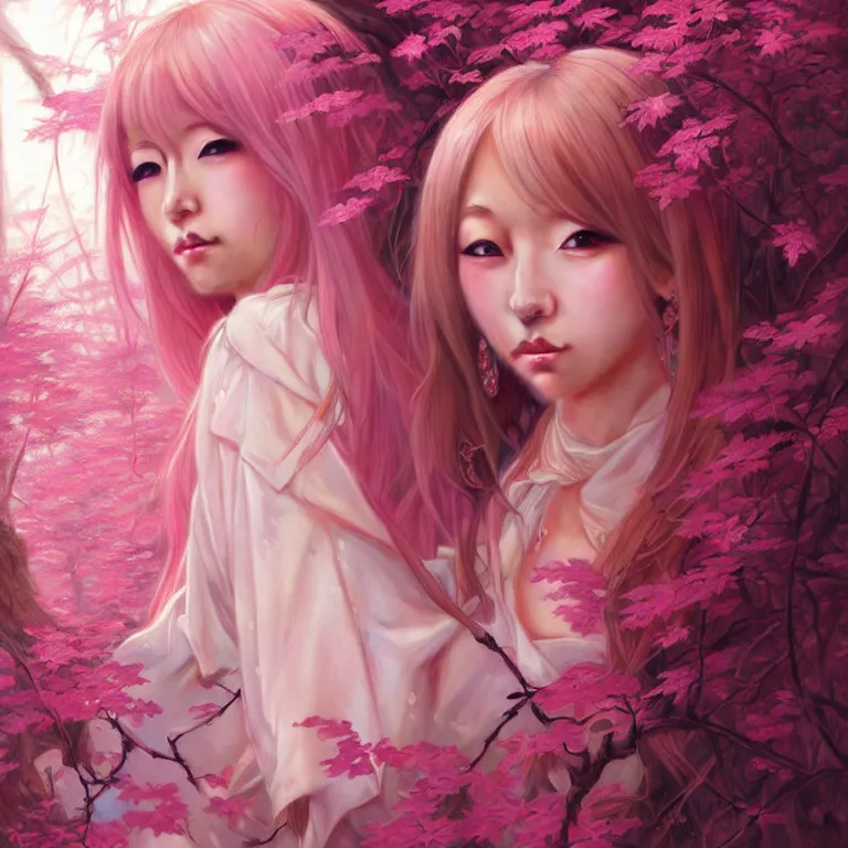 Prompt: Portrait of japanese gyaru, D&D, pink eyes, face, fantasy, intricate, elegant, in pink forest, highly detailed, digital painting, artstation, concept art, smooth, sharp focus, illustration, art by artgerm and greg rutkowski and alphonse mucha