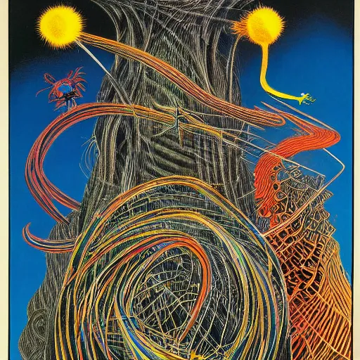 Image similar to empty black void, extremely detailed intricate colorful masterpiece by dr. seuss and max ernst