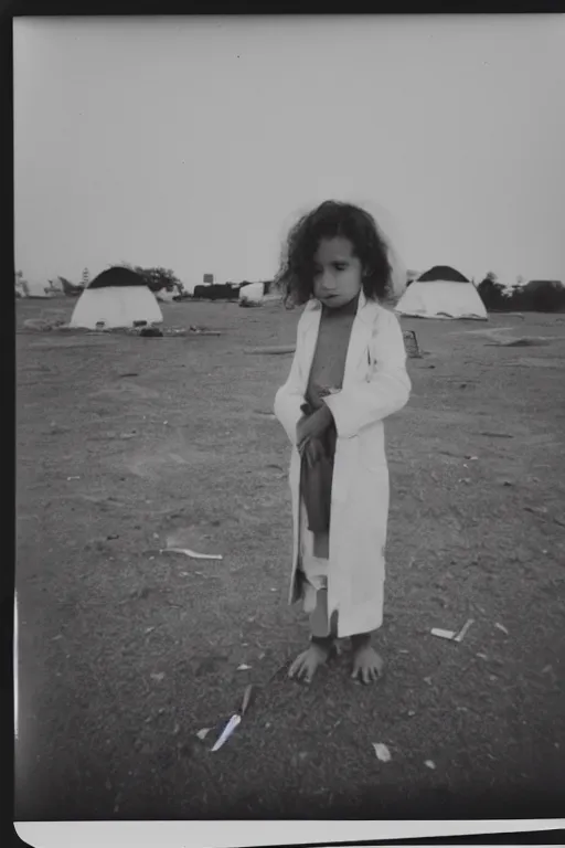 Image similar to photo polaroid of a sad and lonely child in a white coat and barefoot stands in the middle many big tents of field hospitals, pandemic, covid, loneliness, black and white ,photorealistic, 35mm film,