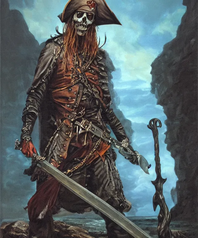 Image similar to ultra realistic color portrait painting of an undead 1 7 th century pirate with a sword in a grotto, dark, painted, brooding, atmospheric, seascape, horror, smooth, epic, highly detailed, cinematic, by clyde caldwell