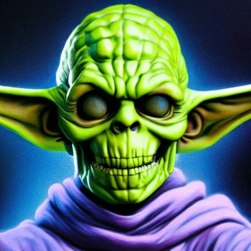 Image similar to ultra realistic portrait painting of skeletor as yoda, art by akira toriyama, 4 k, dragon ball artstyle, cel shaded, highly detailed, epic lighting