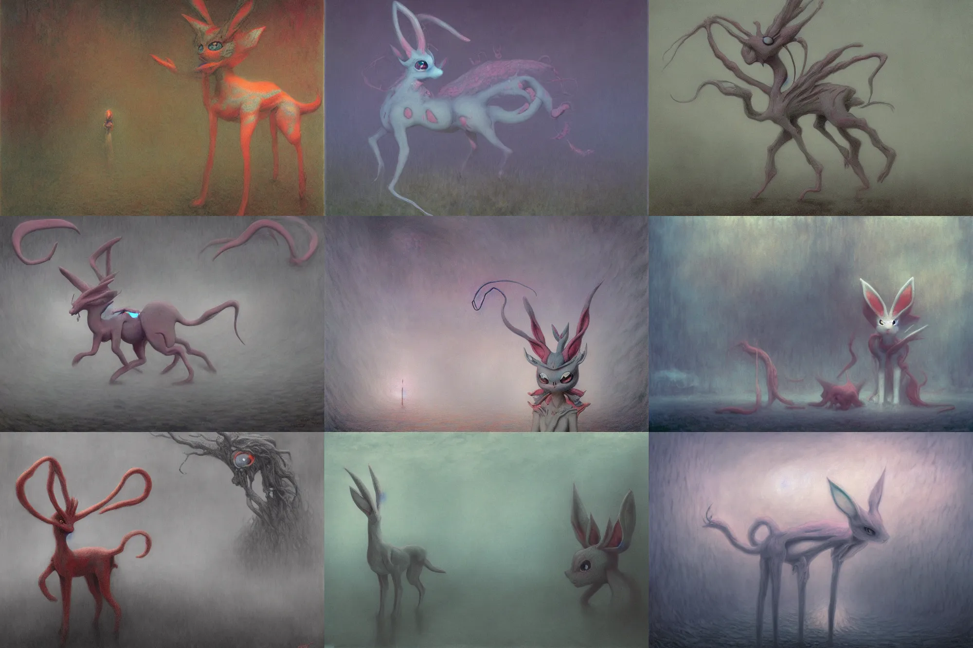 Prompt: gloomy eerie photo of sylveon. pastel cartoon pokemon animal. zdislaw beksinski, yoshitaka amano, creepy, horror, beautiful painting by claude monet 8 k