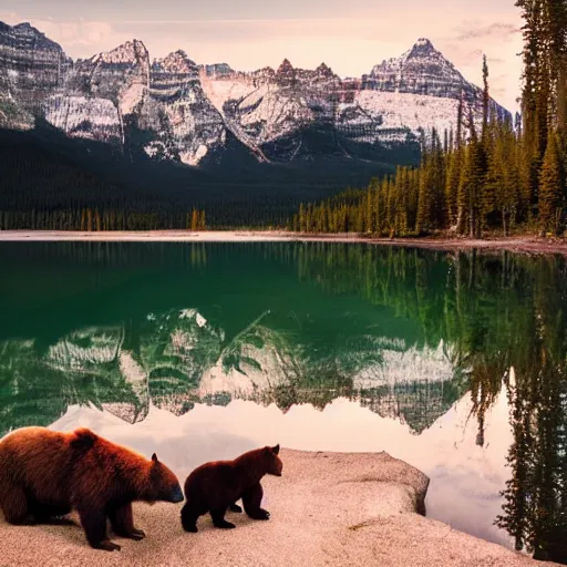Prompt: landscape photography, canadian rockies, bears, trees, lake, golden hour