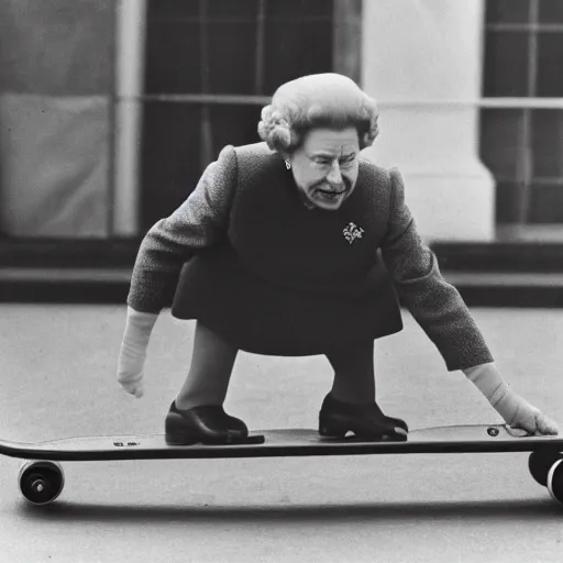 Prompt: queen elizabeth doing tricks on a skateboard, getty images watermark