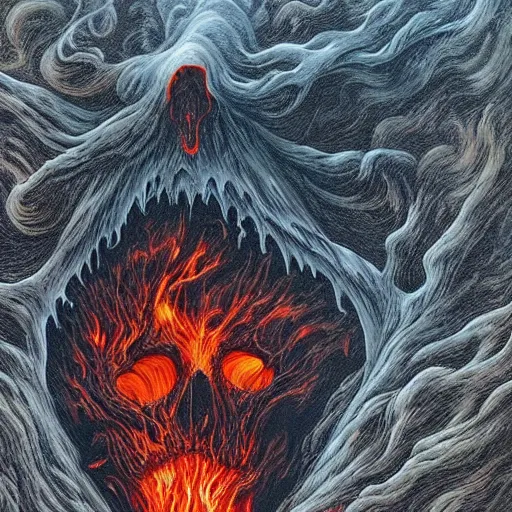 Image similar to an active supervolcano exploding with fire and thick smoke in the shape of a demonic skull by dan seagrave art