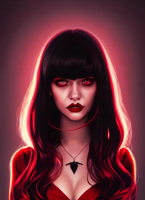 Image similar to portrait of vampire veronica lodge with bangs, vampire fangs, vampire, long hair, red clothes, bangs, vampironica, intricate, elegant, glowing lights, highly detailed, digital painting, artstation, concept art, smooth, sharp focus, illustration, art by wlop, mars ravelo and greg rutkowski