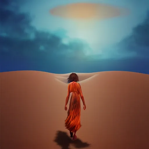 Image similar to closeup giant dahlia flower over body, a girl walking between dunes, surreal photography, sunrise, blue sky, dramatic light, impressionist painting, digital painting, artstation, simon stalenhag