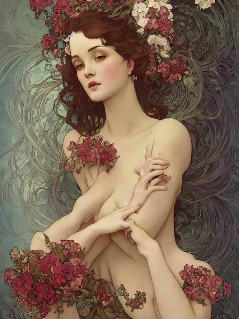 Prompt: a beautiful curvy symmetrical woman, sensuality, wrapped in flowers, art by Charlie Bowater, Alphonse Mucha, Tom Bagshaw