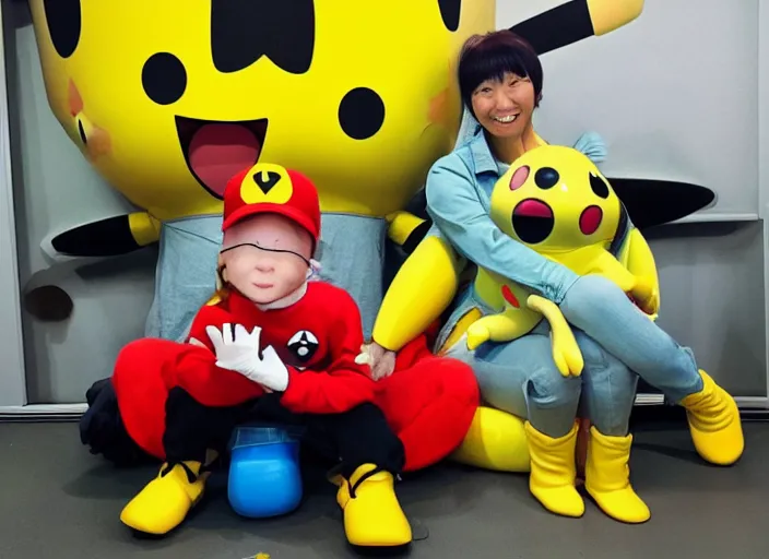 Prompt: Photo, Anpanman sitting next to Pikachu